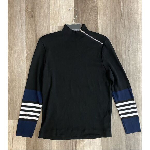 Karl Lagerfeld Paris Stripe Cuff Mock Neck Sweater Black/Blue, Sz Small, MP $169 - Picture 2 of 11
